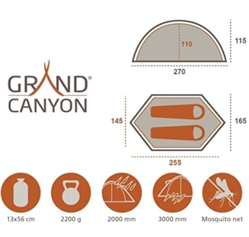 Grand Canyon Cardova 1 - leichtes Zelt, 1 - 2 Personen, für Trekking, Camping, Outdoor, Festival mit kleinem Packmaß, einfacher Aufbau, Wasserdicht, olive/schwarz, 302009 - 2